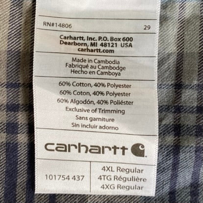 Men's Long Sleeve Plaid Button-Up Shirt – Durable & Comfortable – Size 4XL (Carhartt) fabric and care