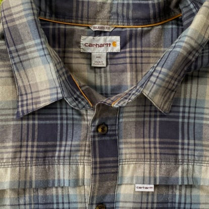 Men's Long Sleeve Plaid Button-Up Shirt – Durable & Comfortable – Size 4XL (Carhartt) front close up