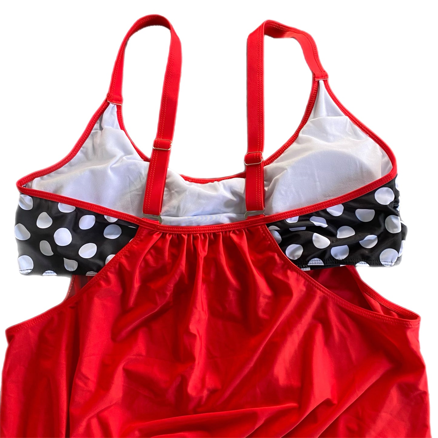 Plus Size 3XL Red and Black/White Polka Dot Mock Two-Piece Swimsuit with Shorts detail top view showing adjustable straps