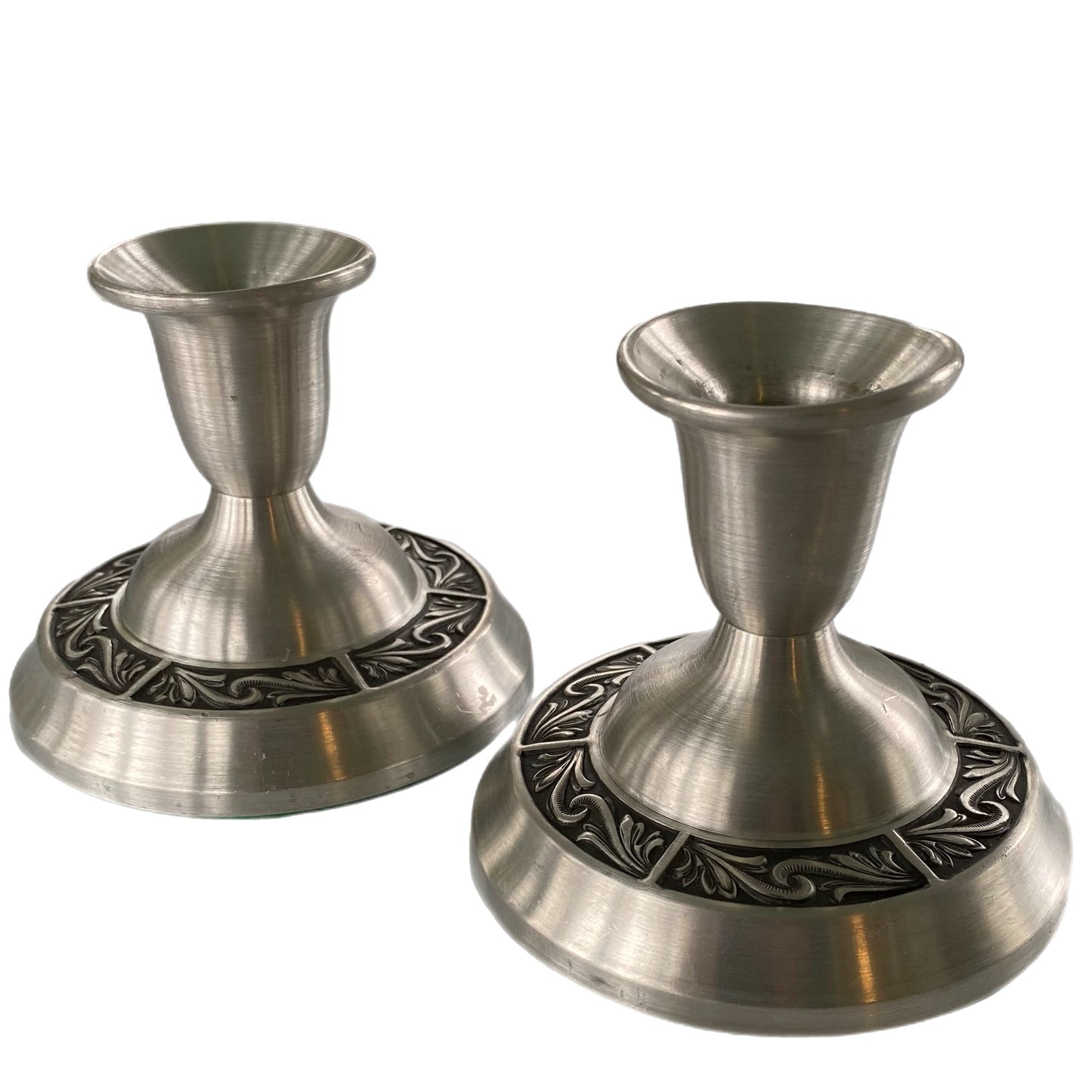 Vintage Norwegian Pewter Candle Holders – Ornate Embossed Base – Scandinavian Design