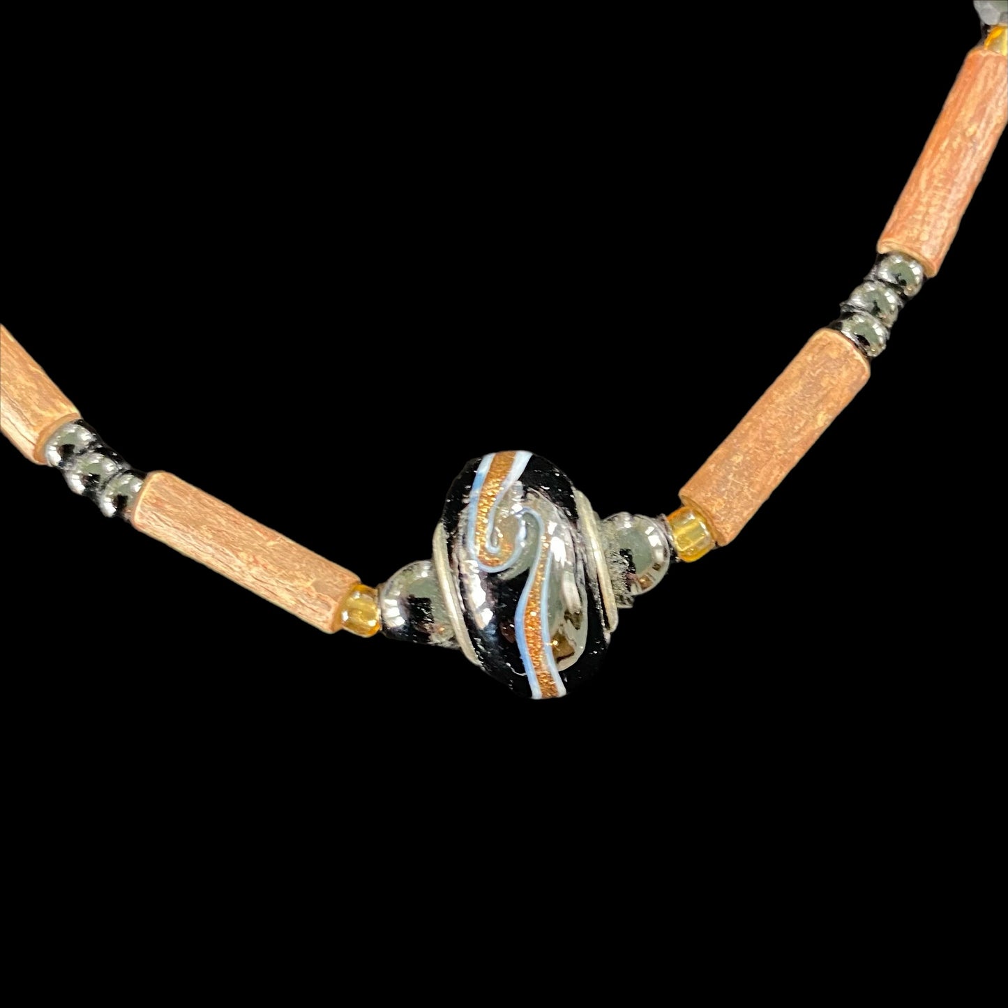 Handcrafted Wood & Bead Necklace – Rustic Boho Jewelry with Metal Accent