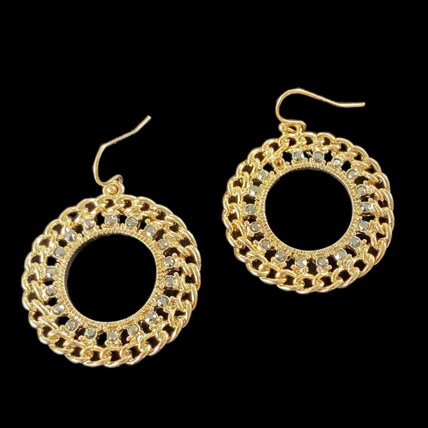 Gold-Tone Open Circle Dangle Fashion Earrings – Chain Link & Rhinestone Accents