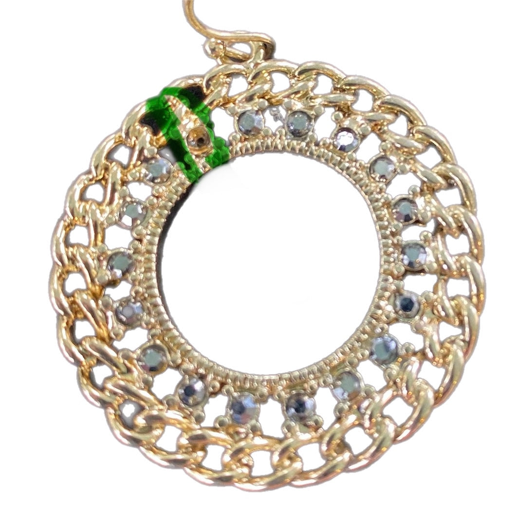 Gold-Tone Open Circle Dangle Fashion Earrings – Chain Link & Rhinestone Accents missing rhinestone in green