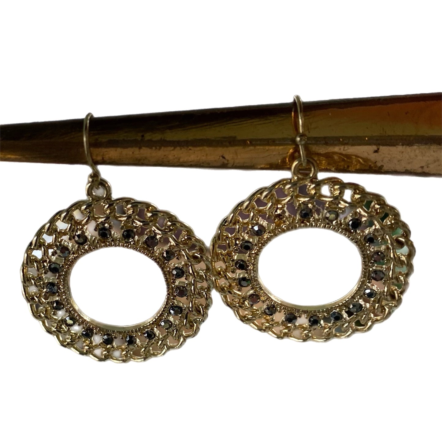 Gold-Tone Open Circle Dangle Fashion Earrings – Chain Link & Rhinestone Accents shown dangling