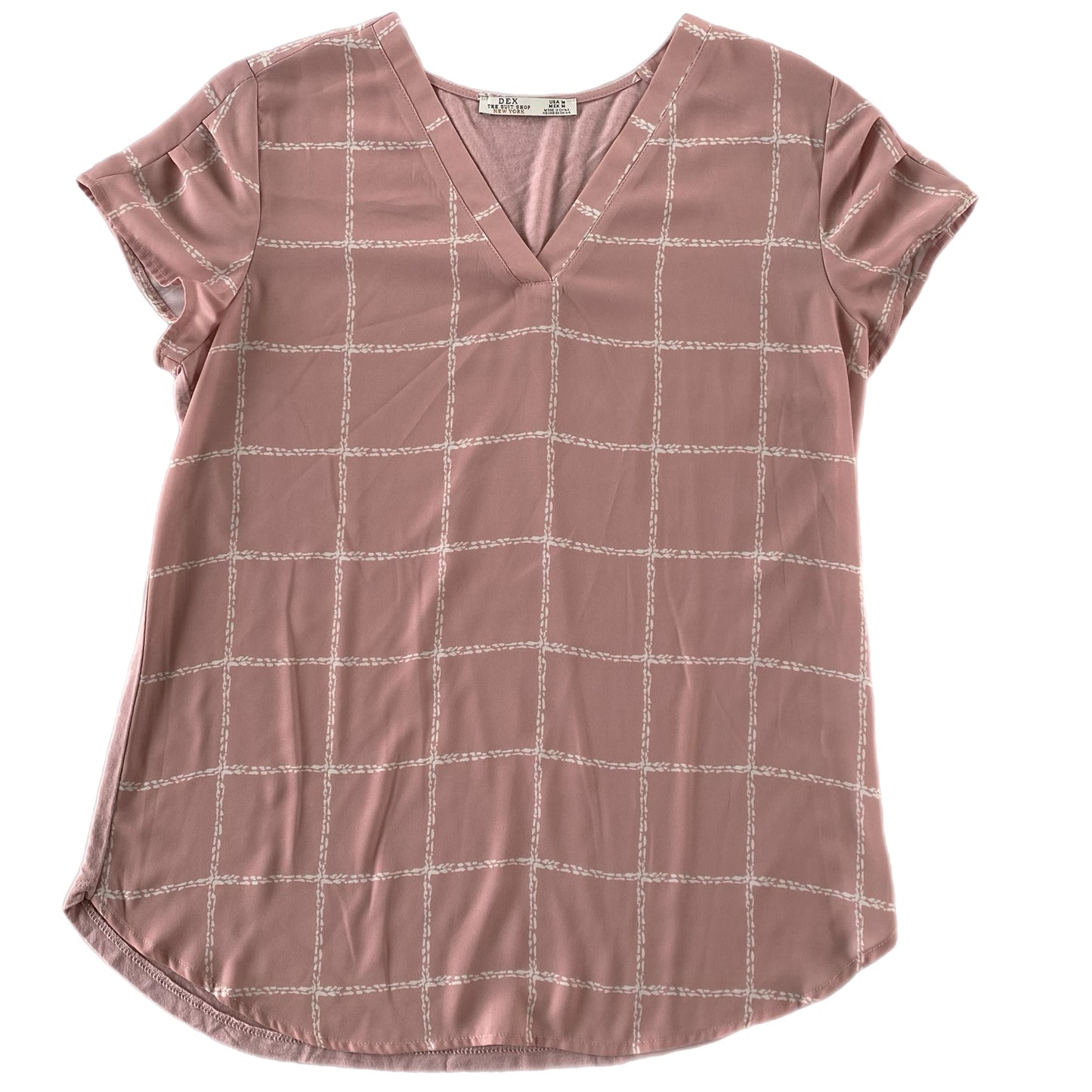 Women's Short Sleeve Windowpane Print Blouse – Lightweight & Stylish – Size Medium (Dex)front view