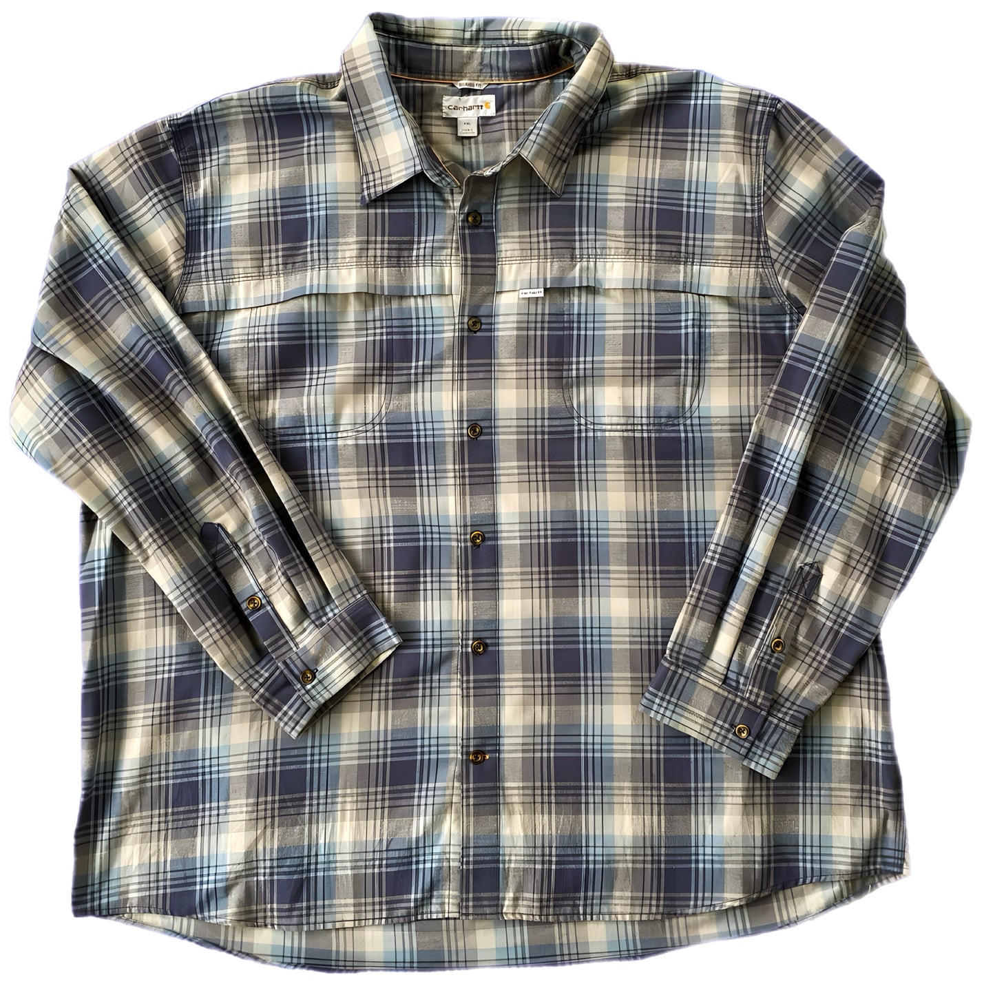 Men's Long Sleeve Plaid Button-Up Shirt – Durable & Comfortable – Size 4XL (Carhartt) flat lay front