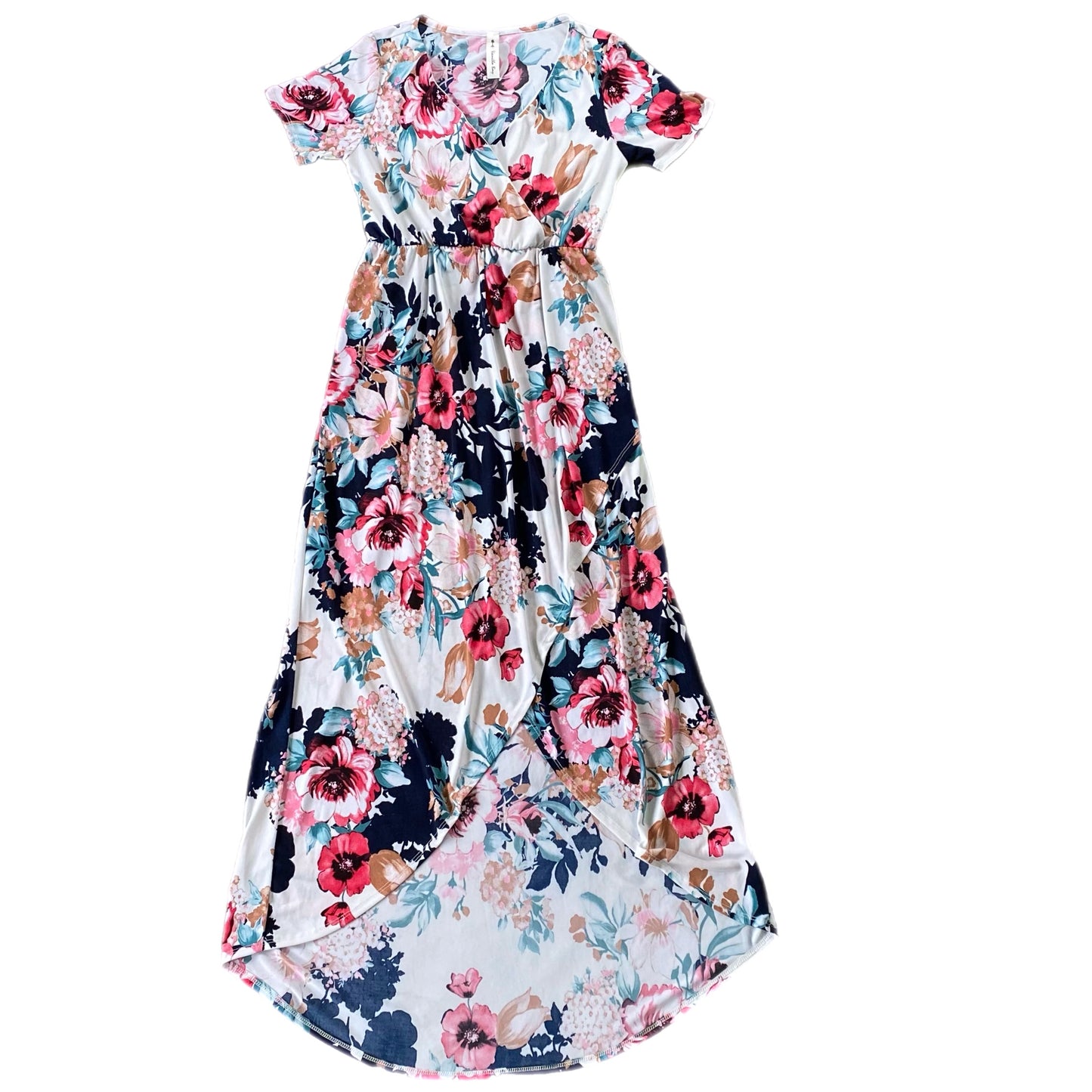 Women's Short Sleeve Floral Wrap Maxi Dress – Flowy & Elegant – Size Small (Vanilla Bay) front flat lay