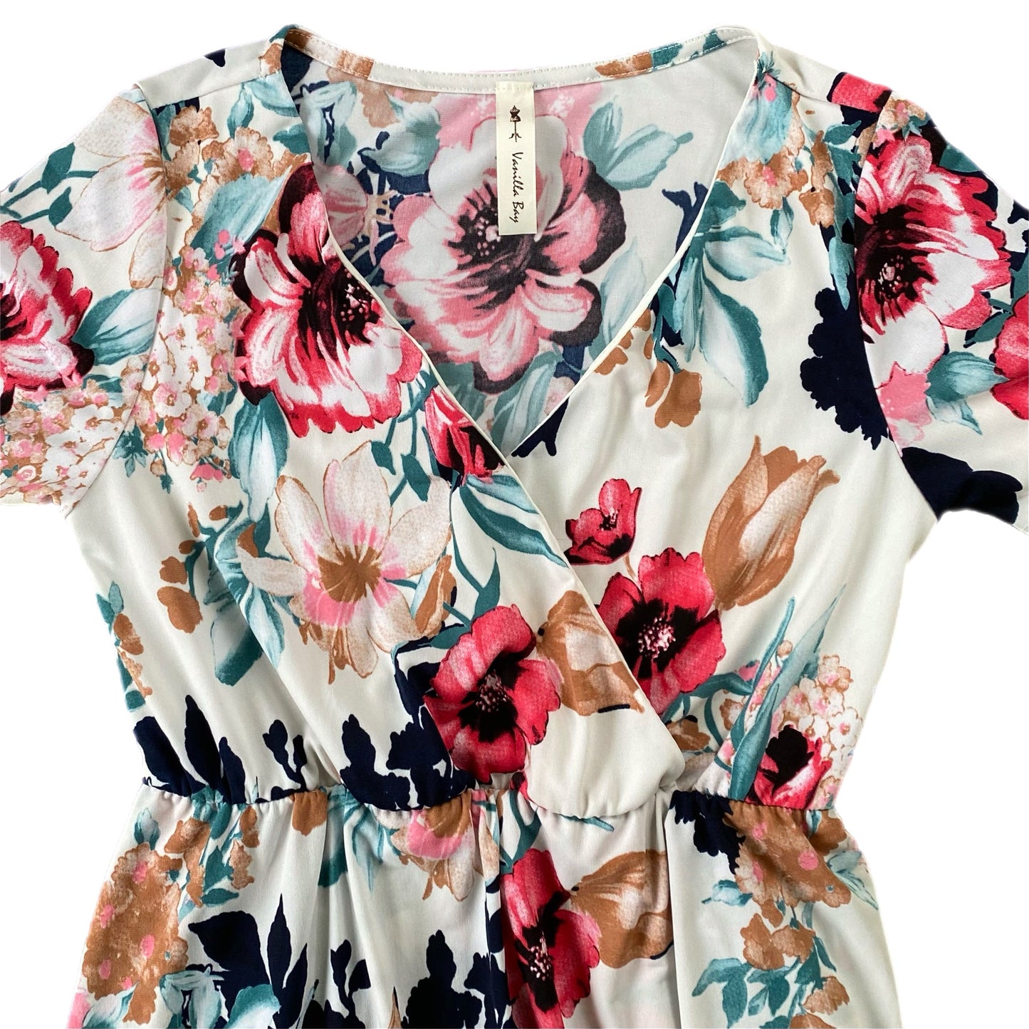 Women's Short Sleeve Floral Wrap Maxi Dress – Flowy & Elegant – Size Small (Vanilla Bay) showing details of neckline
