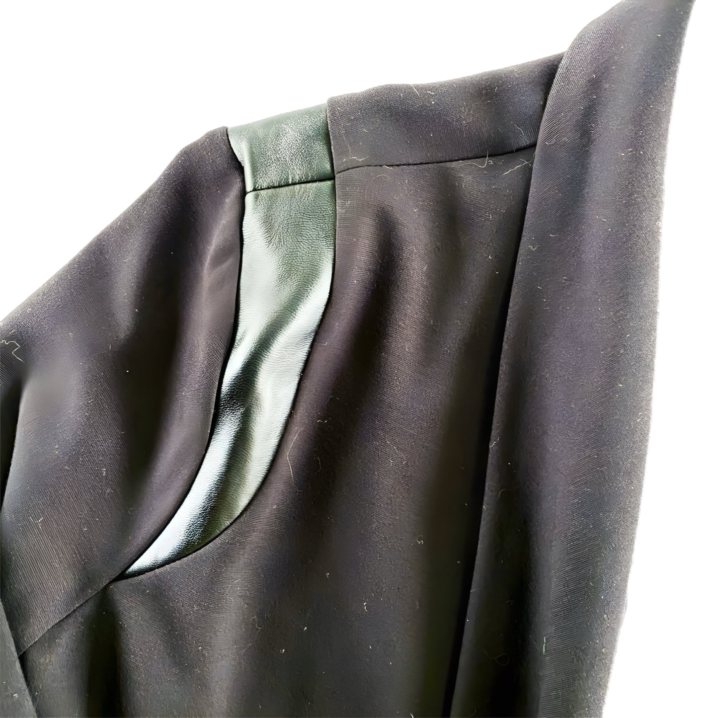 Women's Draped Open-Front Jacket – Chic & Edgy – Size 8 (Attitude) detail shoulder view of aux leather