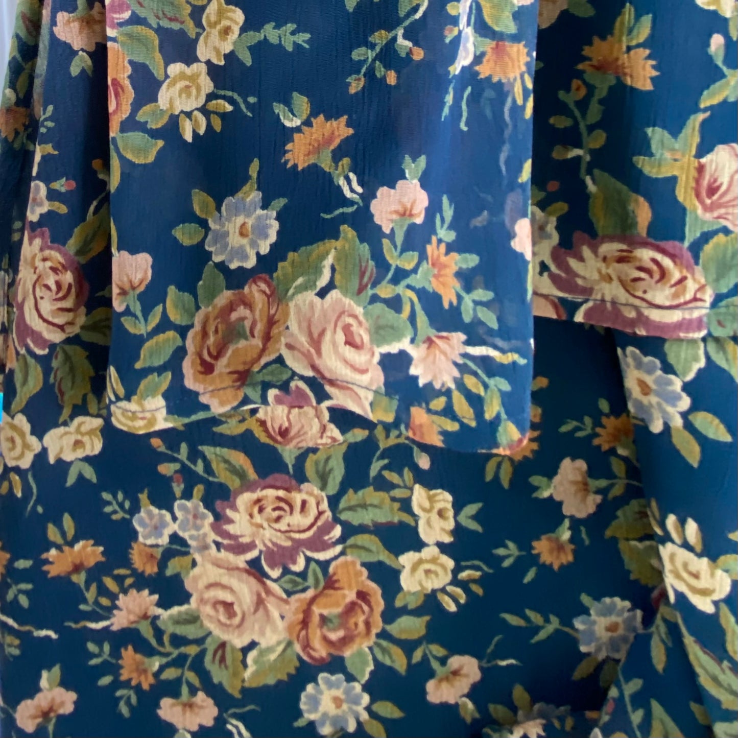 Women's Floral Midi Skirt – Tiered Ruffle – Size 14 (Lizsport) close up view of fabric