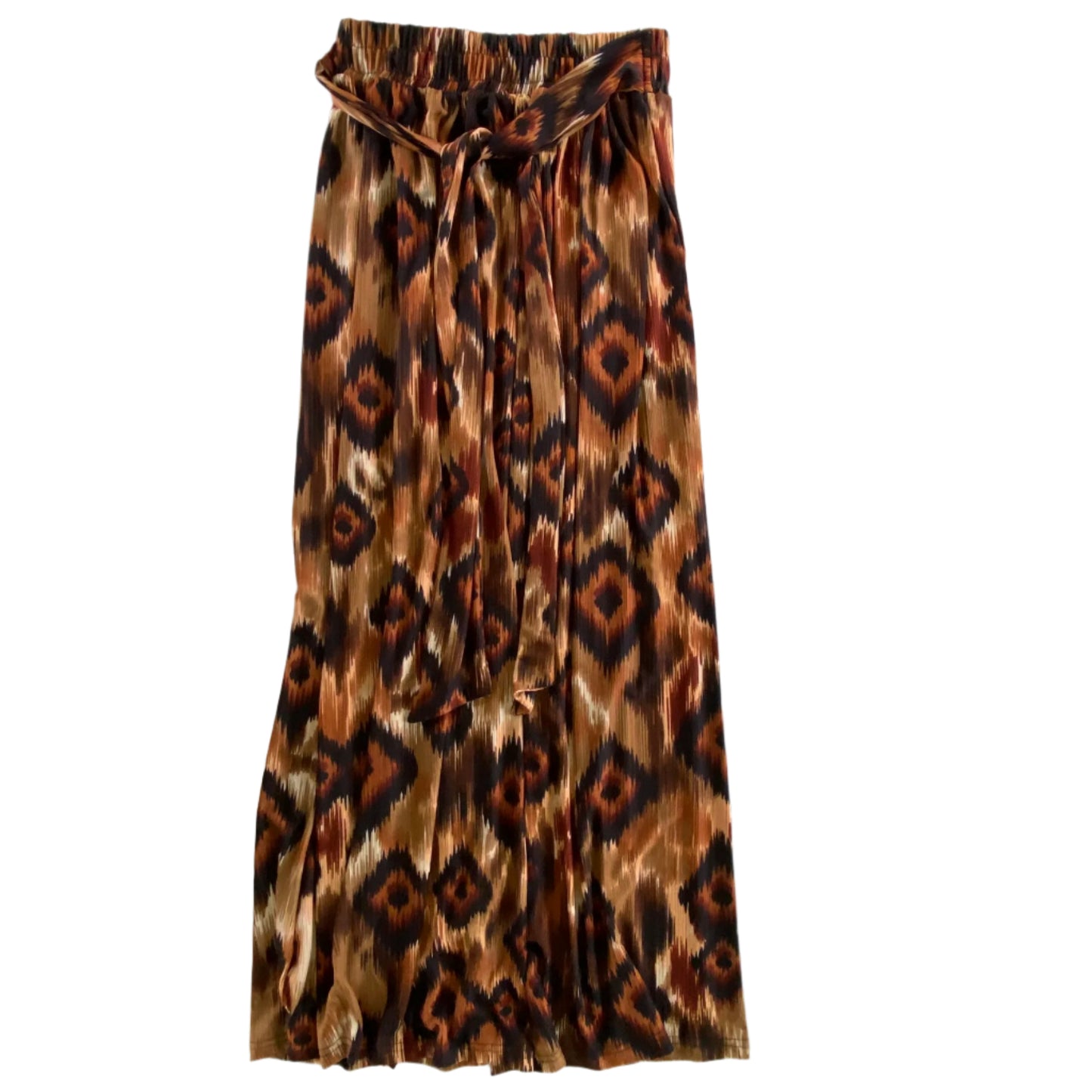 Tribal Print Pleated Midi Skirt – Elastic Waist with Tie – Size Small (Joti Clothes) front view