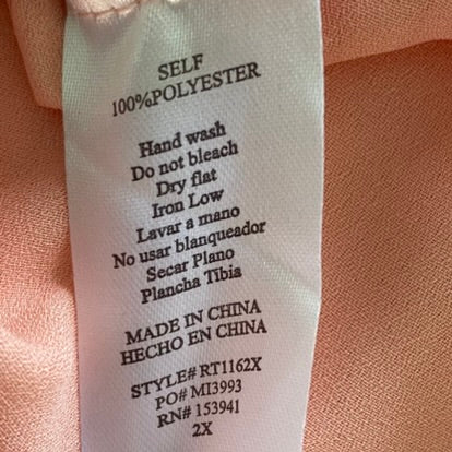 Peach Sheer Blouse – Split Neck – Roll Tab Sleeves – Size 2X (42Pops) material and care instructions