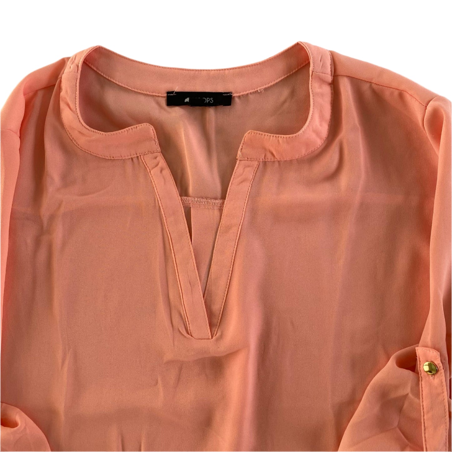 Peach Sheer Blouse – Split Neck – Roll Tab Sleeves – Size 2X (42Pops) close up front neckline