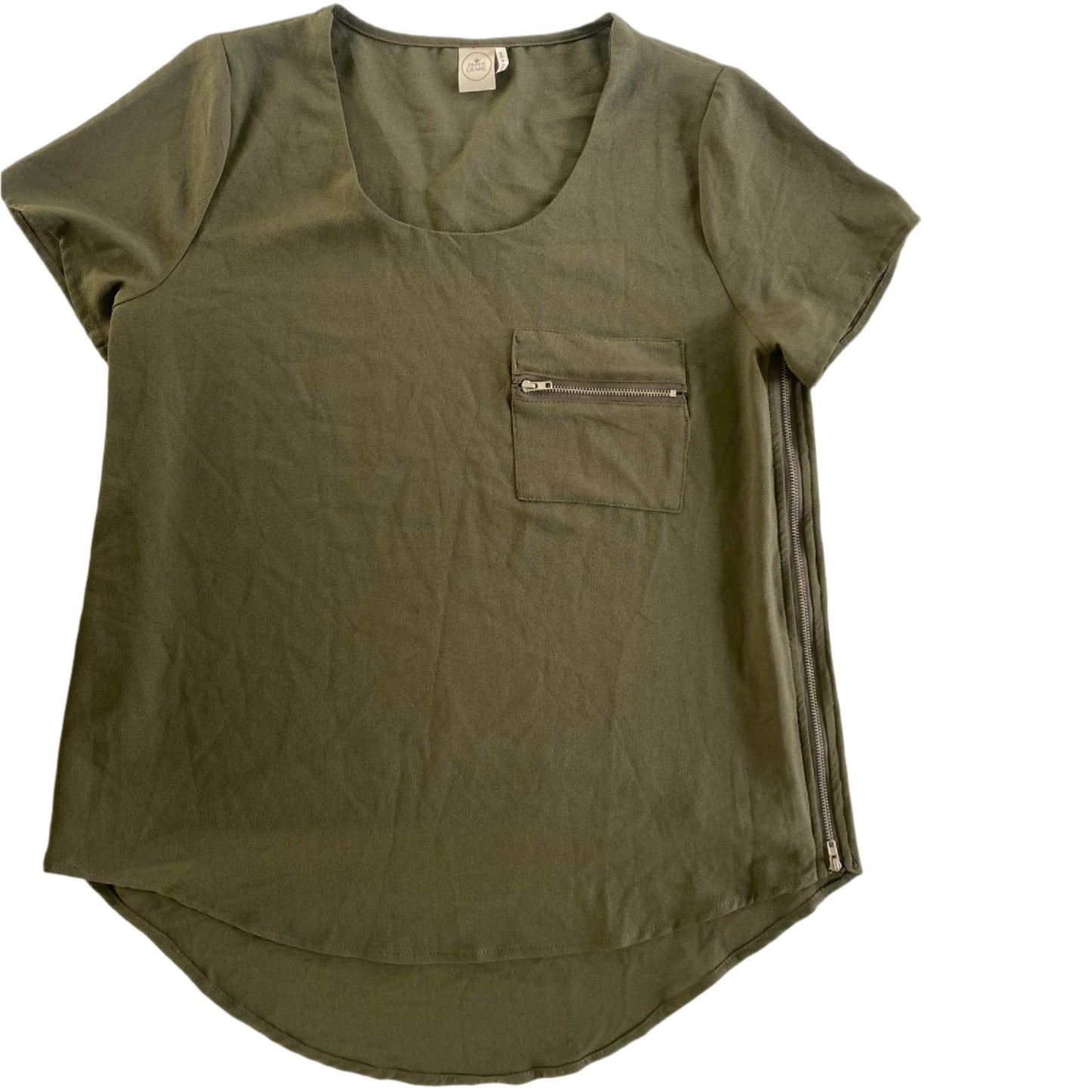 Olive Green Zip Accent Top – Short Sleeve – Size M (Paper Crane) front view