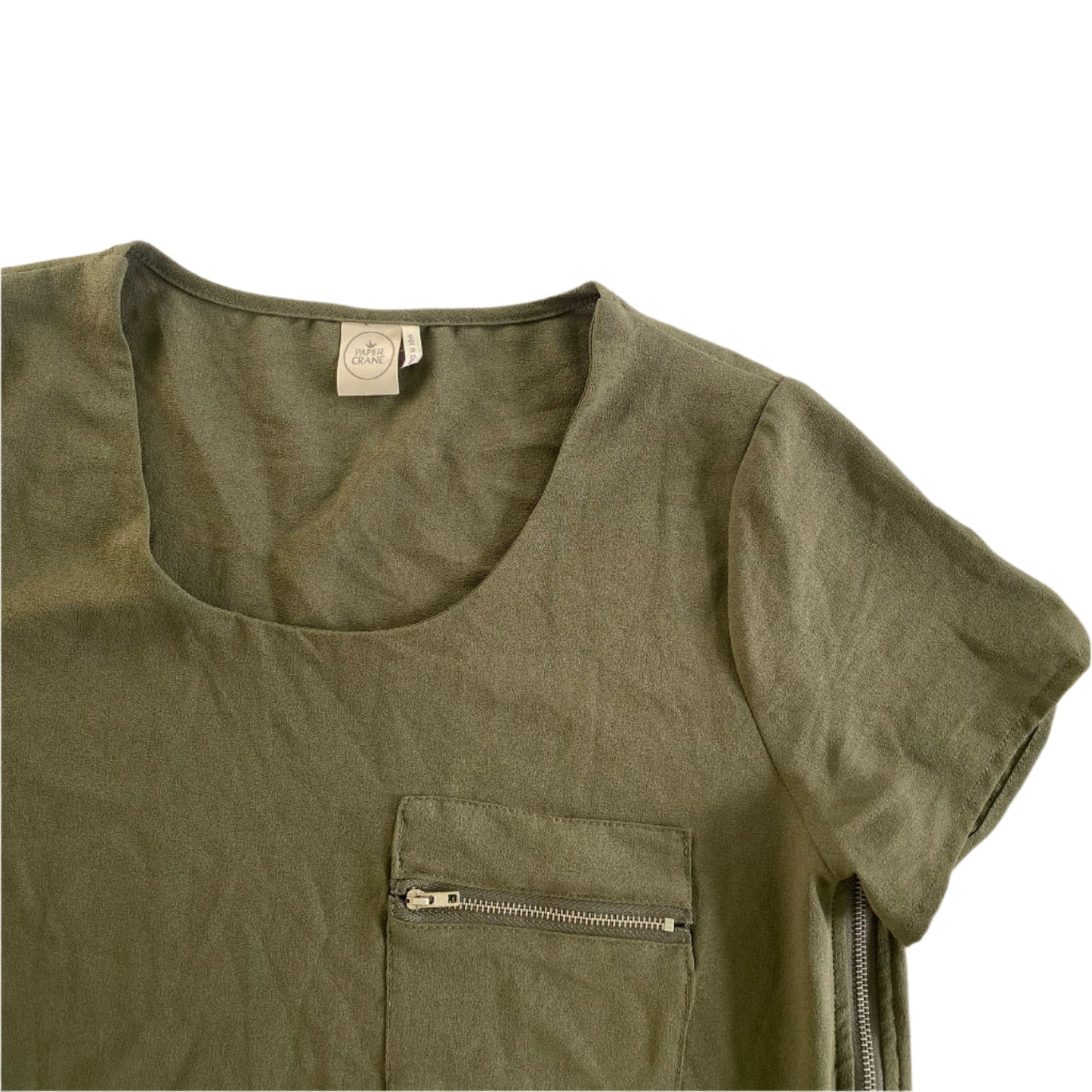 Olive Green Zip Accent Top – Short Sleeve – Size M (Paper Crane) front close up