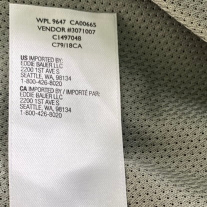 Sleeveless Tech Shirt – Button Front – Olive Green – Size S (Eddie Bauer) garment tag