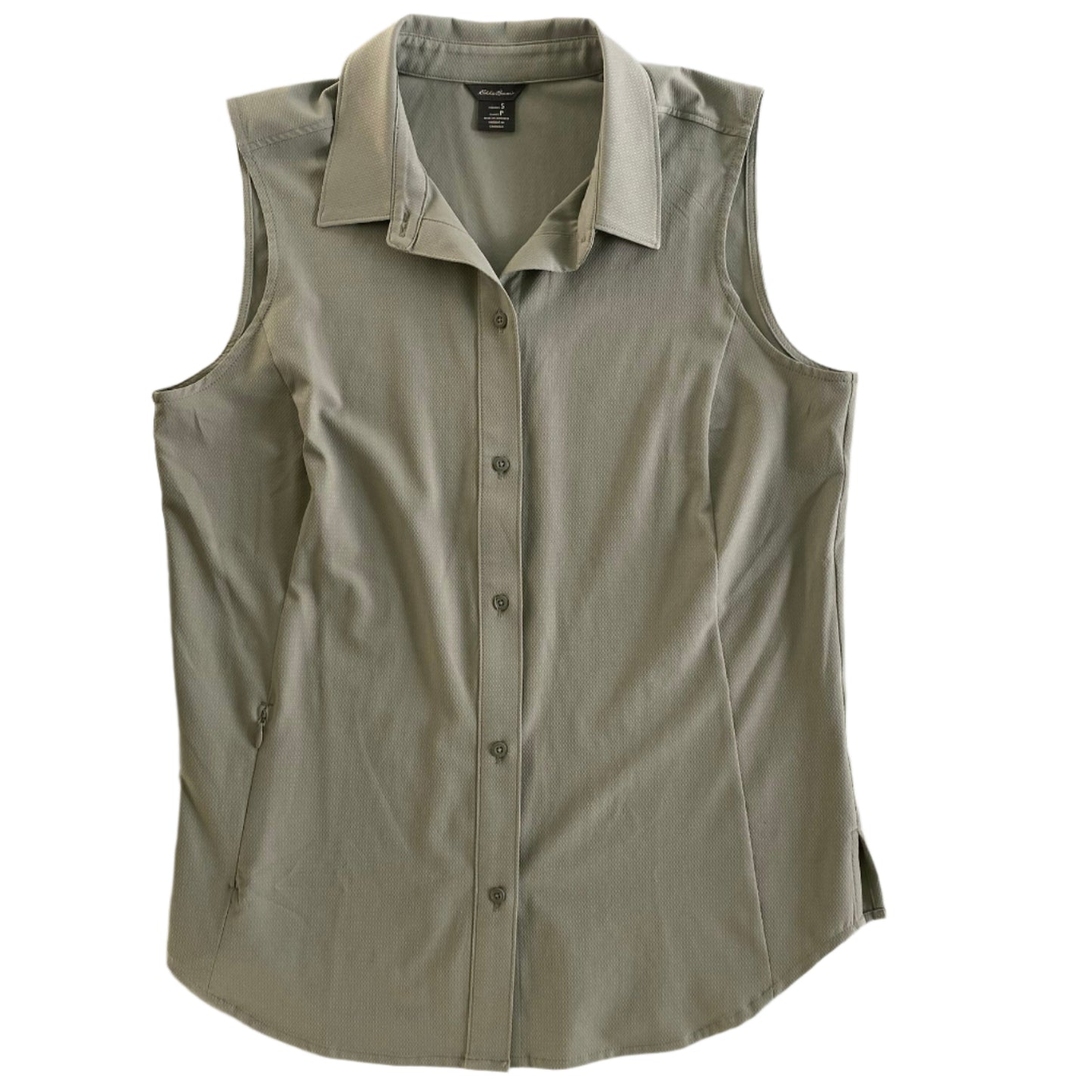 Sleeveless Tech Shirt – Button Front – Olive Green – Size S (Eddie Bauer) front view
