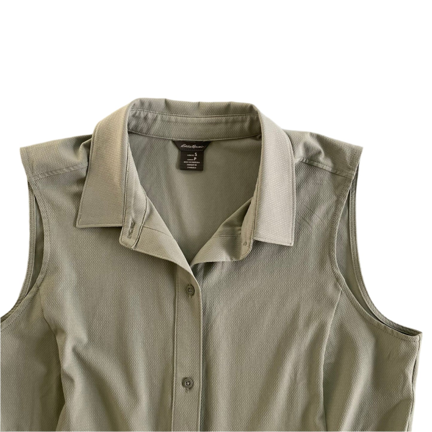 Sleeveless Tech Shirt – Button Front – Olive Green – Size S (Eddie Bauer) close up view