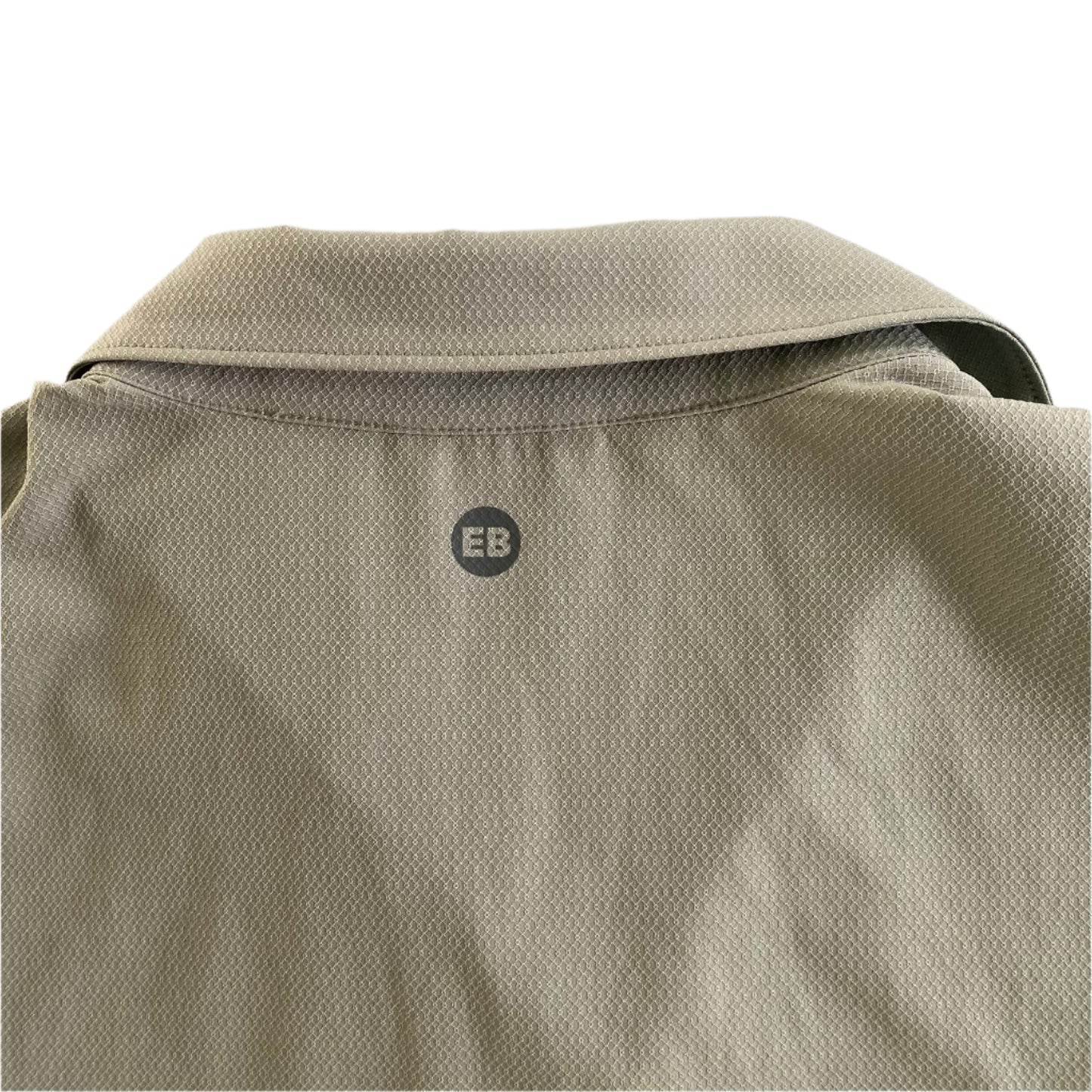 Sleeveless Tech Shirt – Button Front – Olive Green – Size S (Eddie Bauer) back close up of logo