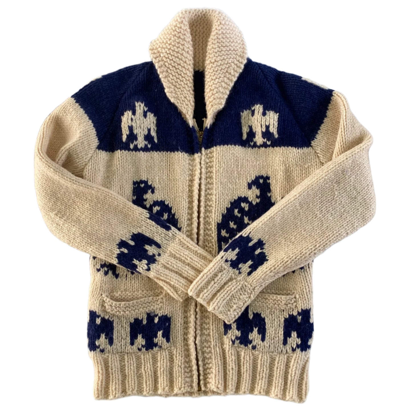 Handmade Cowichan-Style Wool Sweater – Zip-Up – Eagle Motif – Size Medium front view
