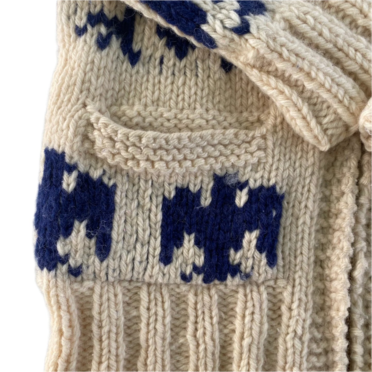 Handmade Cowichan-Style Wool Sweater – Zip-Up – Eagle Motif – Size Medium close up of the pocket