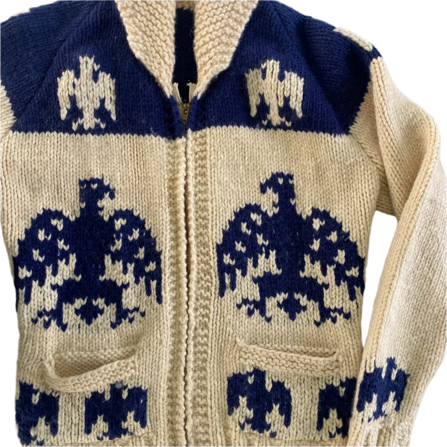 Handmade Cowichan-Style Wool Sweater – Zip-Up – Eagle Motif – Size Medium front view