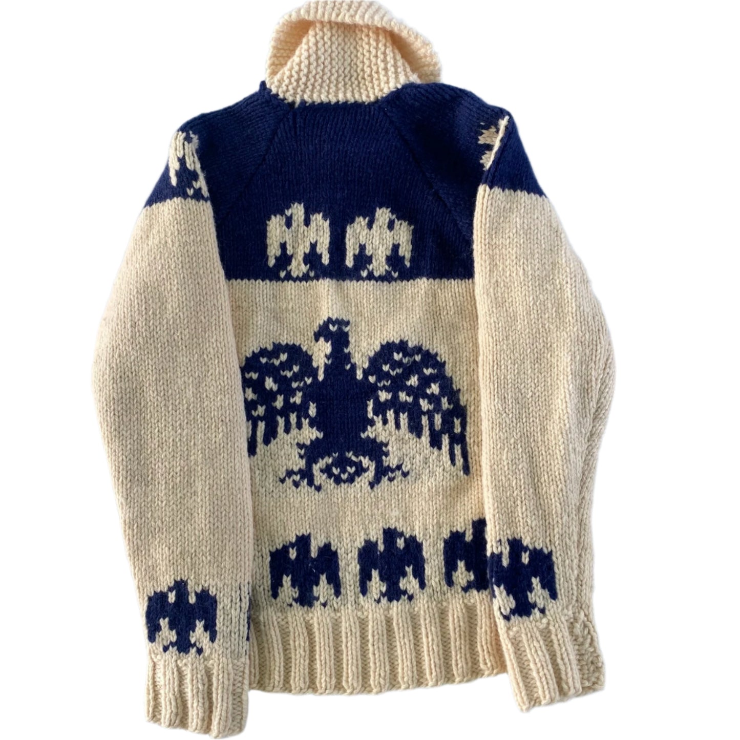 Handmade Cowichan-Style Wool Sweater – Zip-Up – Eagle Motif – Size Medium view of the back