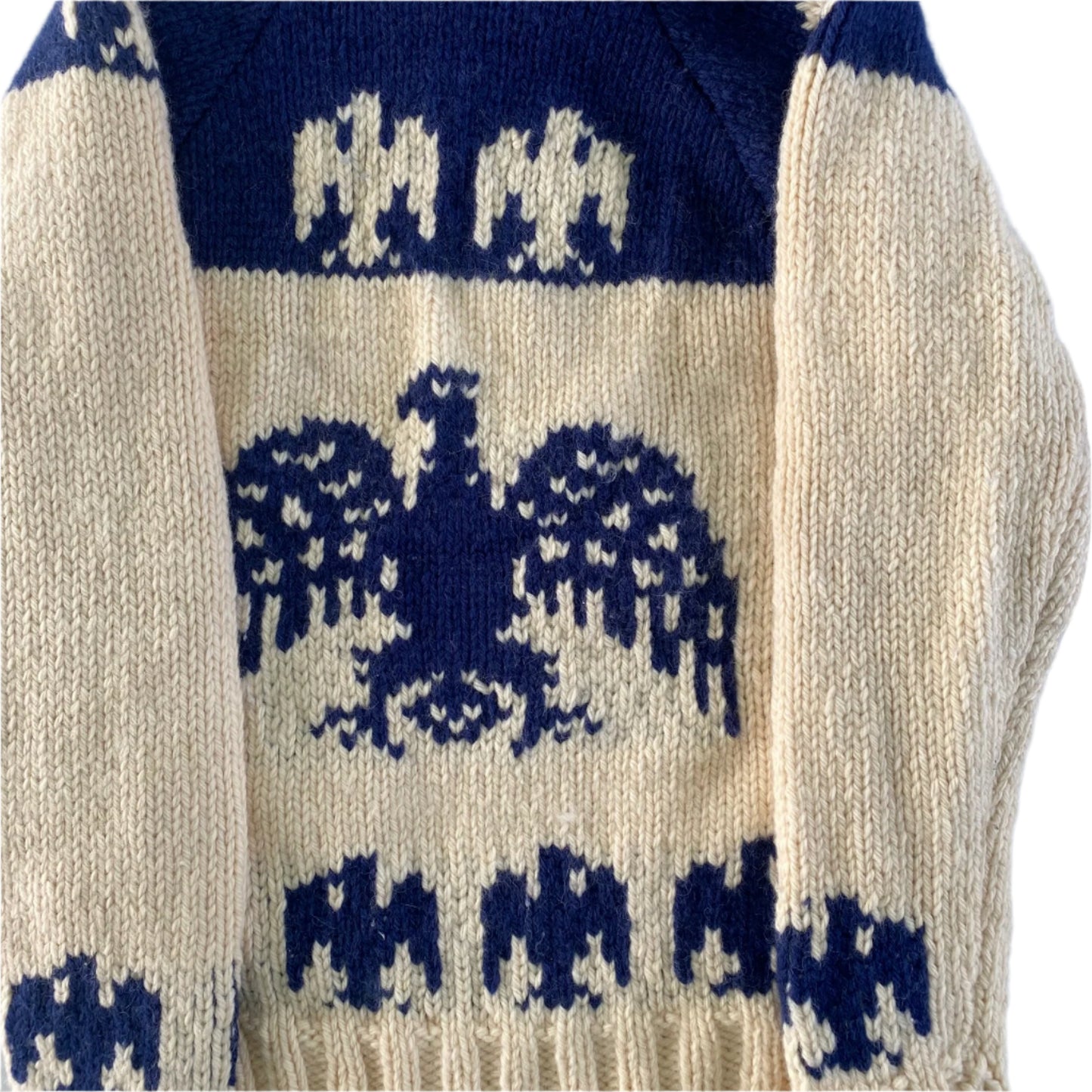 Handmade Cowichan-Style Wool Sweater – Zip-Up – Eagle Motif – Size Medium