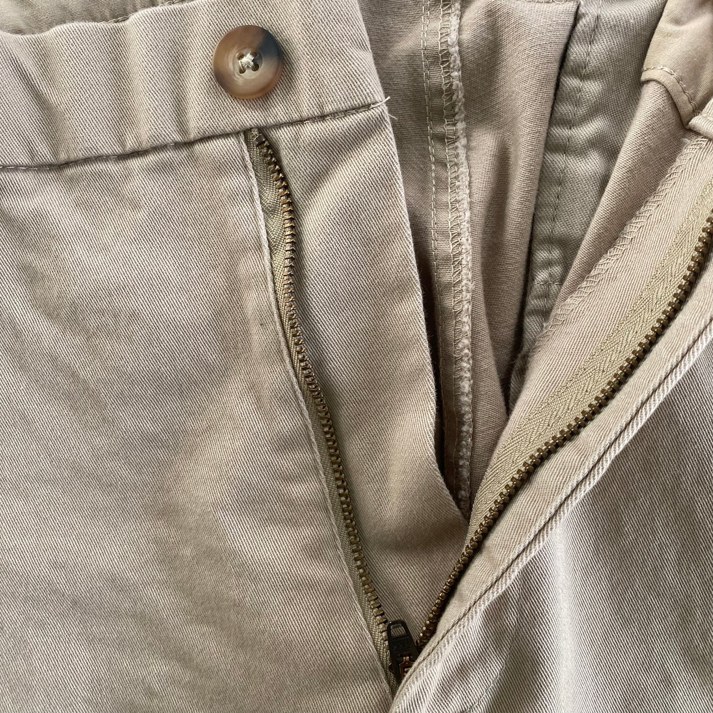 Men’s Khaki Cotton Blend Chino Pants – 36x32 – Stretch Fit (Denver Hayes) showing the zipper details