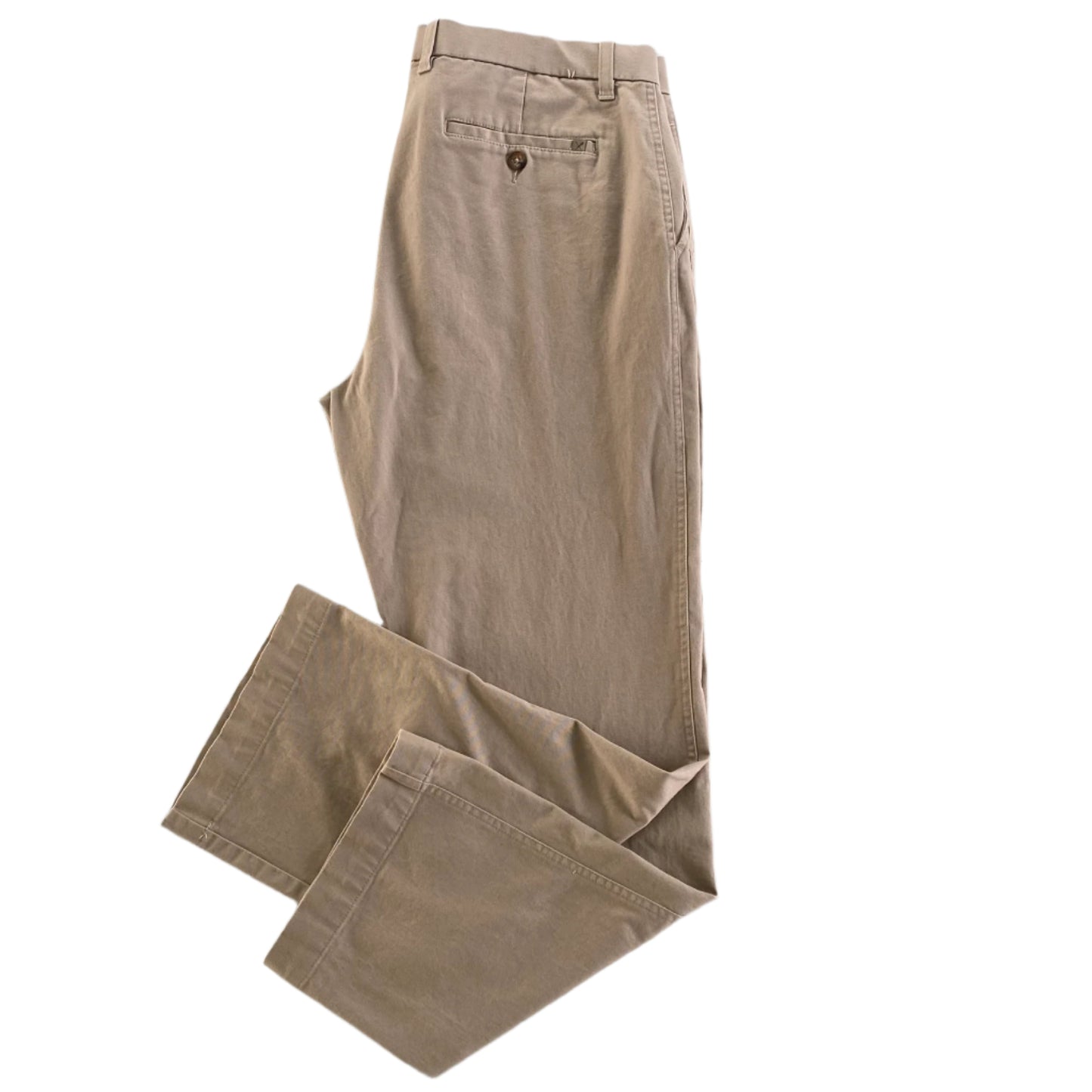 Men’s Khaki Cotton Blend Chino Pants – 36x32 – Stretch Fit (Denver Hayes) folded side view