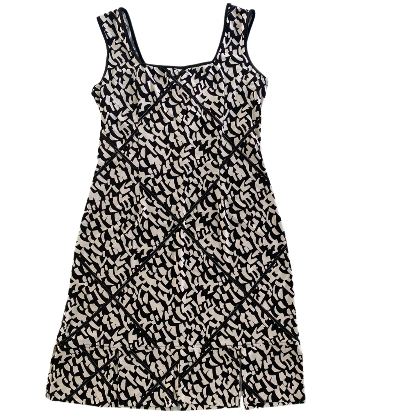 Geometric Print Sleeveless Dress – Knee-Length – Made in Canada – Size 12 (Joseph Ribkoff) back flat lay