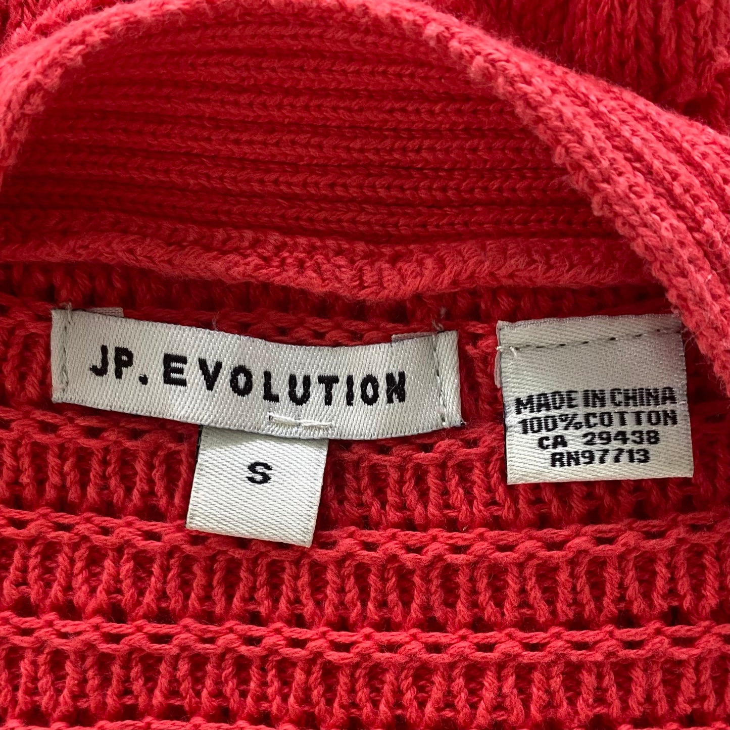 Red Open-Knit Cardigan – Button-Front – Lightweight Cotton – Size S (JP Evolution) garment tag showing size small