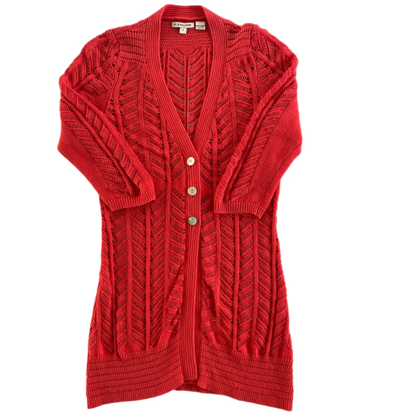 Red Open-Knit Cardigan – Button-Front – Lightweight Cotton – Size S (JP Evolution) front flat lay