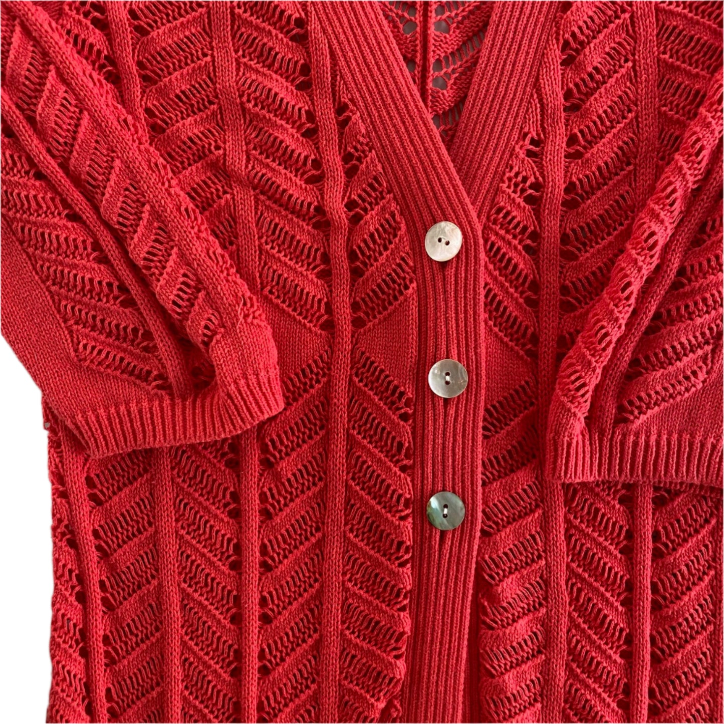 Red Open-Knit Cardigan – Button-Front – Lightweight Cotton – Size S (JP Evolution) front close up