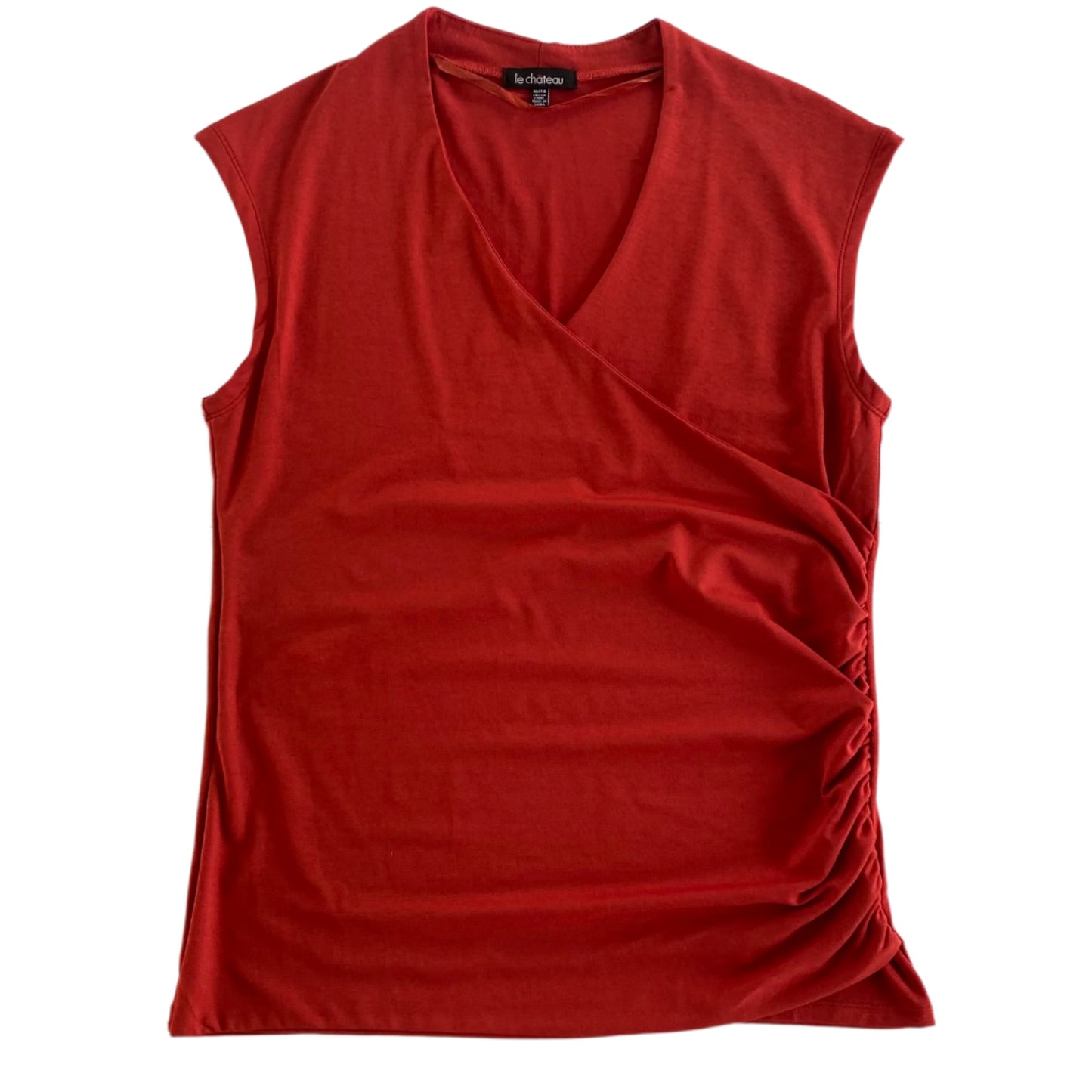Rust Sleeveless Wrap Top – XL – Ruched Side Detail – Soft & Stretchy (Le Chateau) front view flat lay