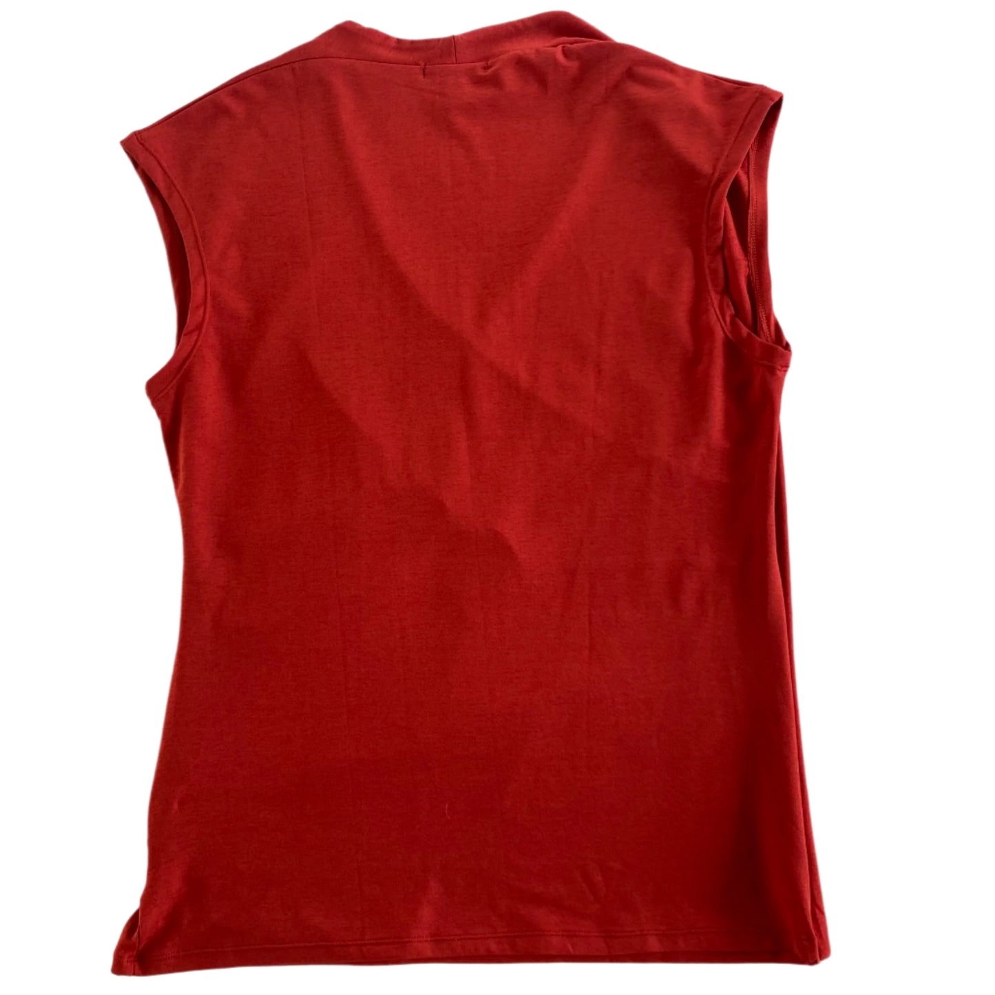 Rust Sleeveless Wrap Top – XL – Ruched Side Detail – Soft & Stretchy (Le Chateau) back view flat lay