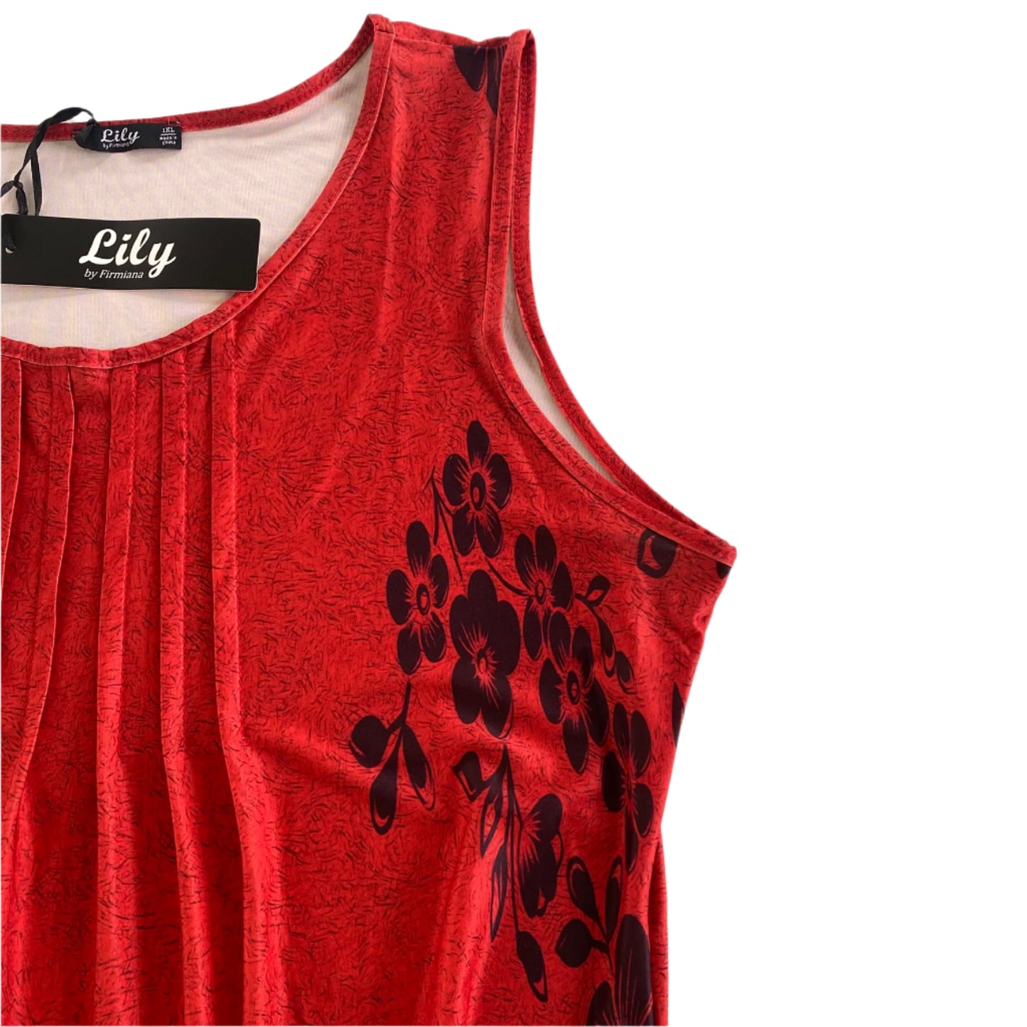 Floral Print Sleeveless Tunic Top – Red & Black – Plus Size 1X (Lily) front details
