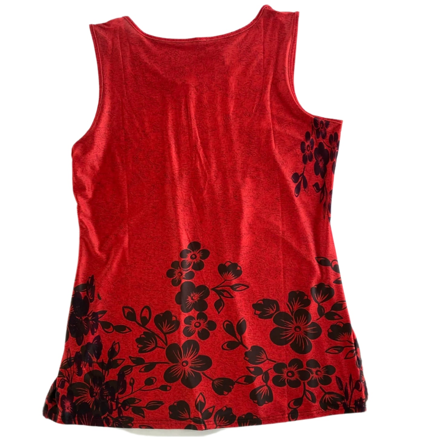 Floral Print Sleeveless Tunic Top – Red & Black – Plus Size 1X (Lily) back view flat lay