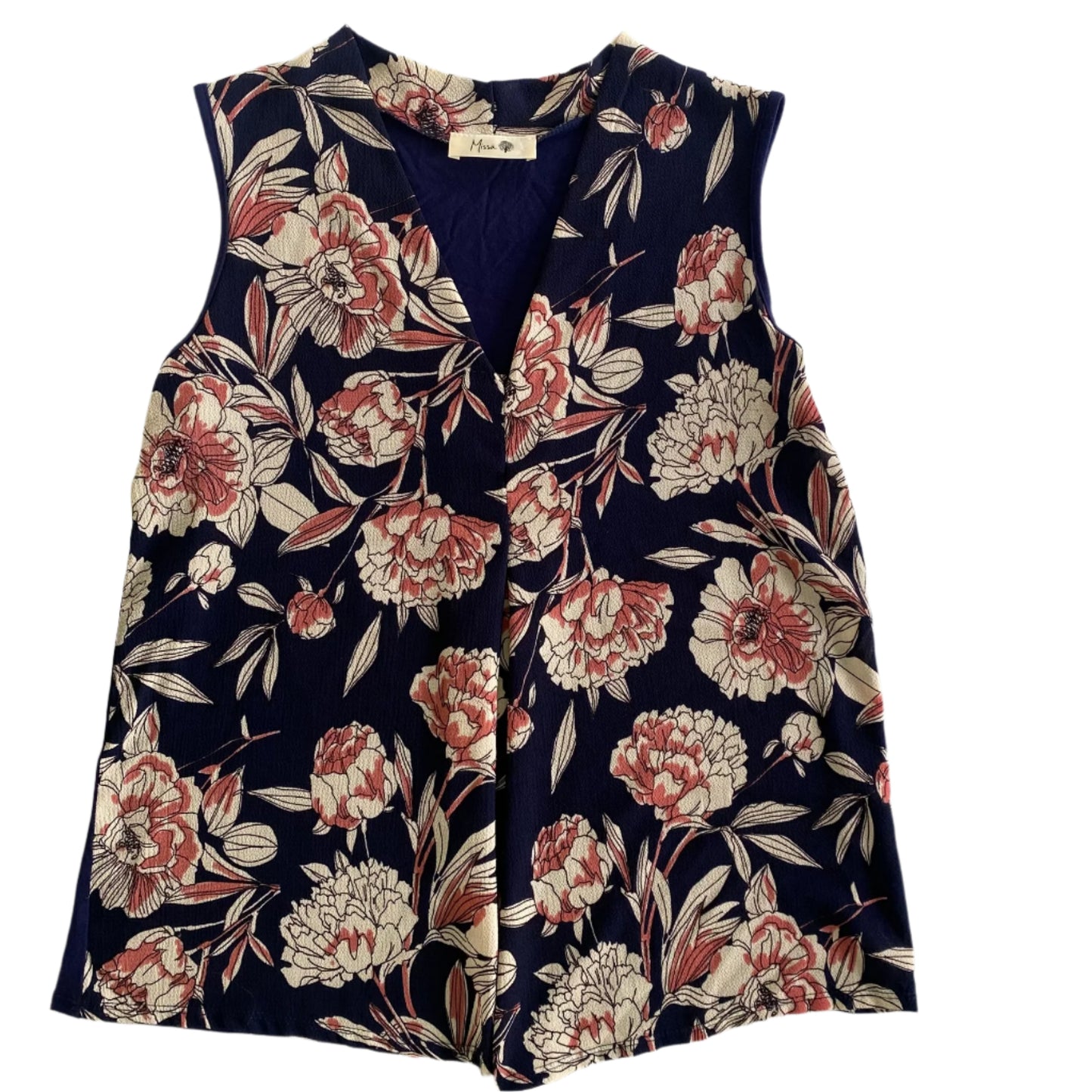 Floral Sleeveless Top – Navy & Coral – Lightweight & Stylish – Size L (Missa) front view