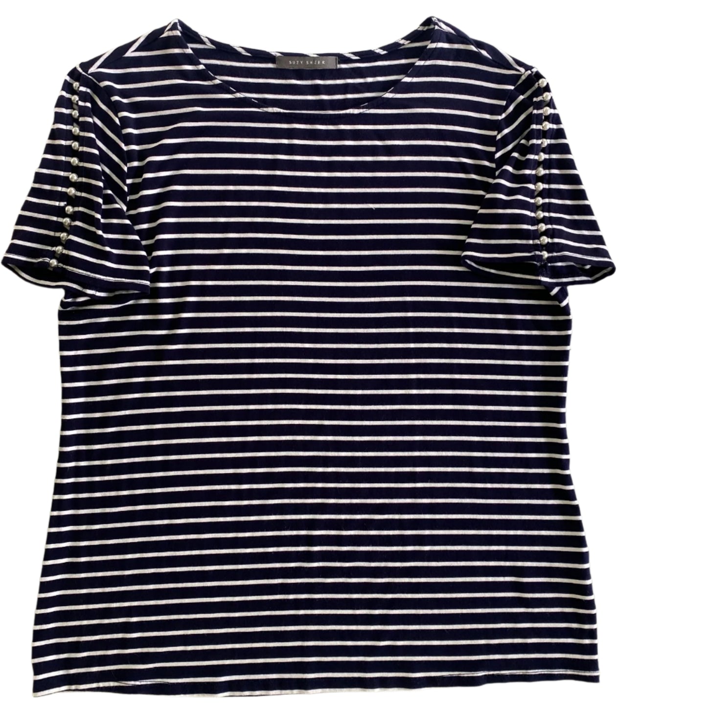 Navy & White Striped Top – Pearl Sleeve Detail – Size M (Suzy Shier) front