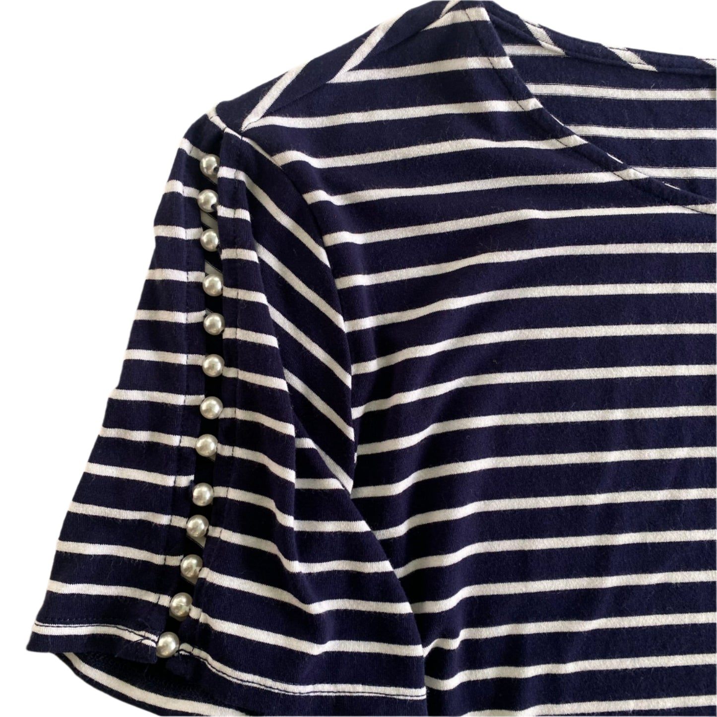 Navy & White Striped Top – Pearl Sleeve Detail – Size M (Suzy Shier) pearl button detail