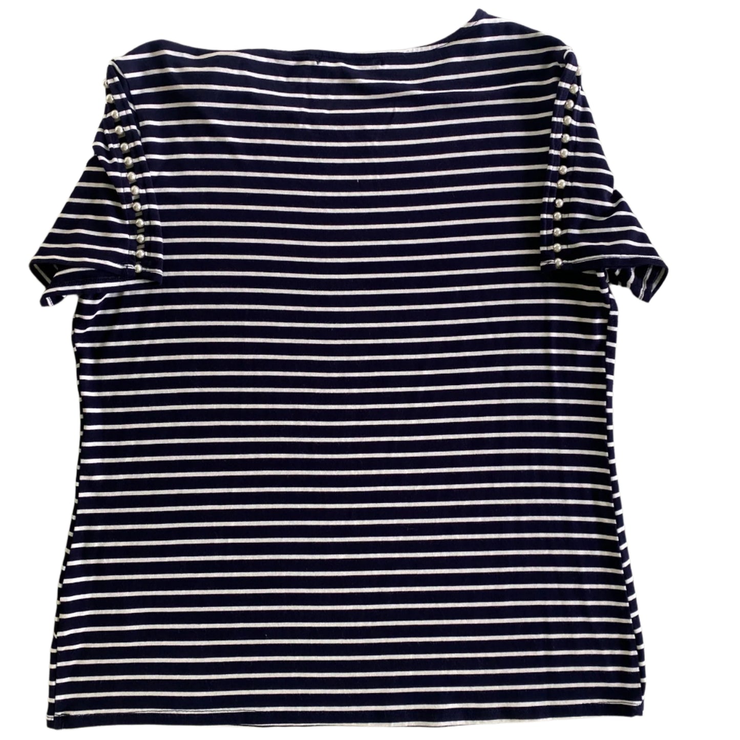 Navy & White Striped Top – Pearl Sleeve Detail – Size M (Suzy Shier) back