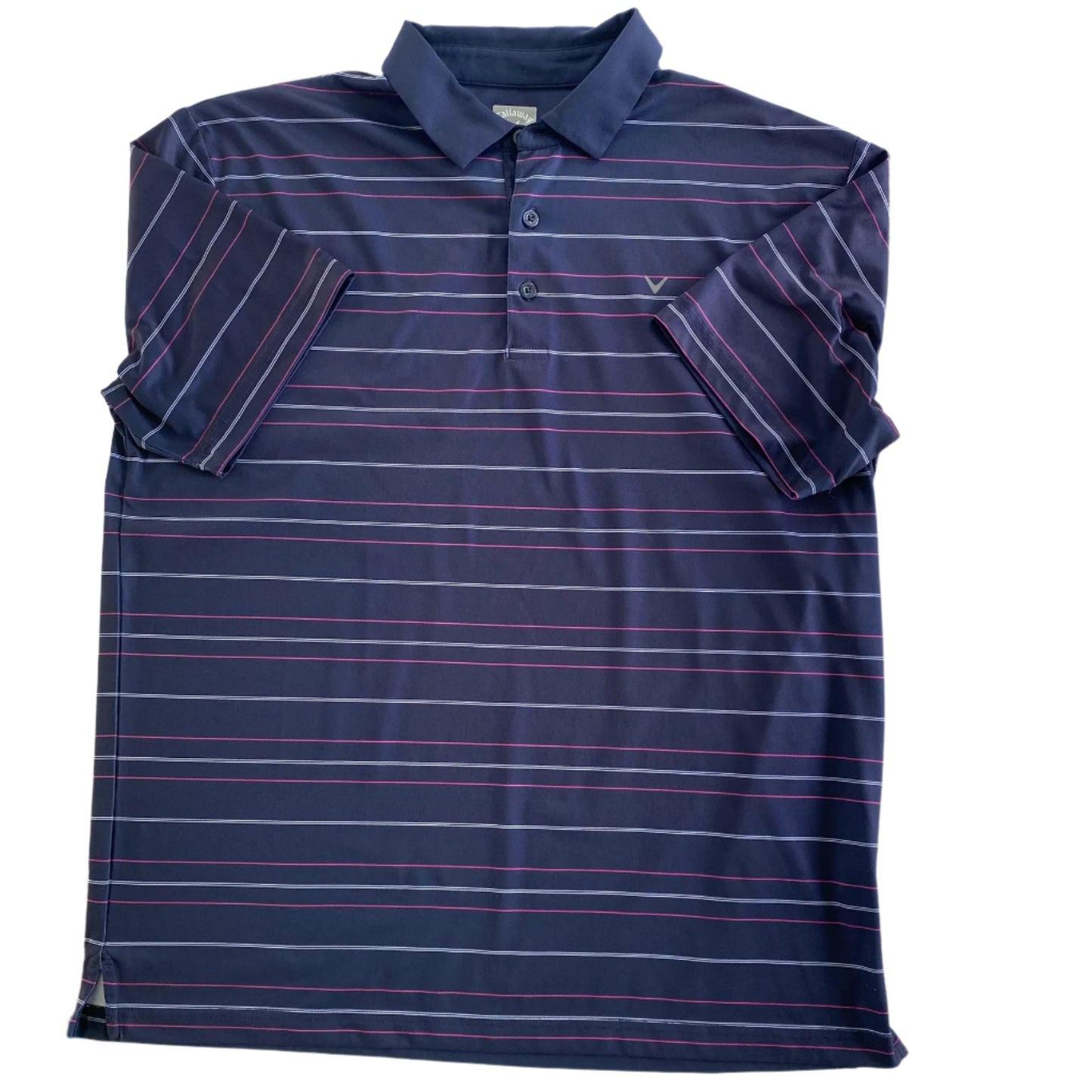 Men’s Performance Polo – Navy with Pink & White Stripes – Opti-Dri – Size L (Callaway) front