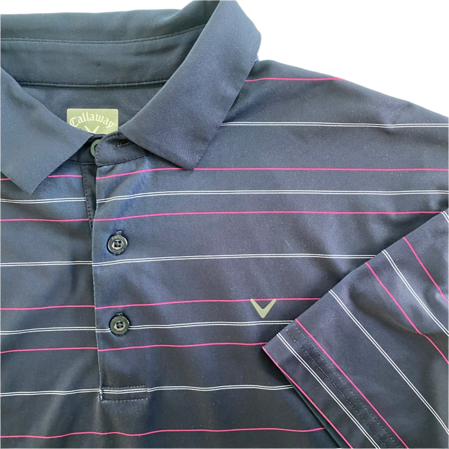 Men’s Performance Polo – Navy with Pink & White Stripes – Opti-Dri – Size L (Callaway) close up of colar