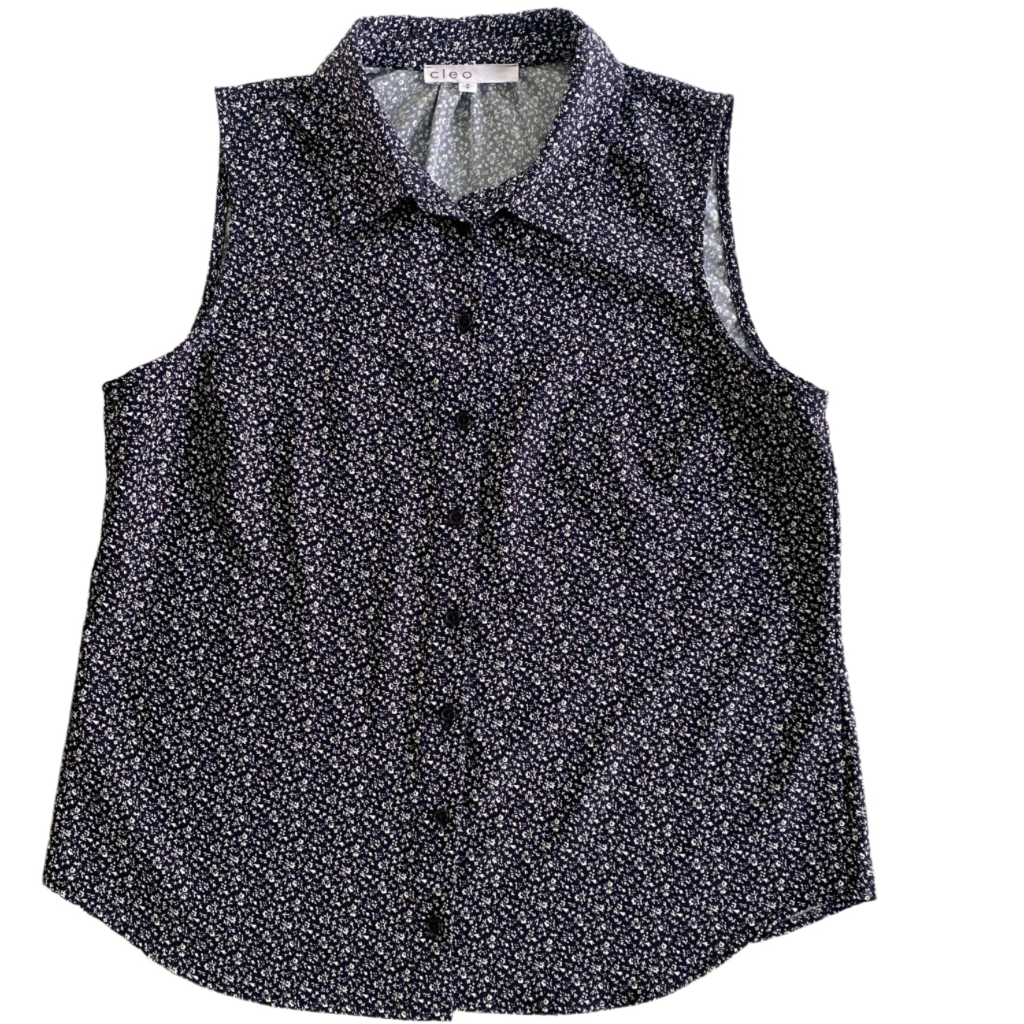 Navy Sleeveless Blouse – Micro Floral Print – Lightweight & Sustainable – Size M (Cleo) front