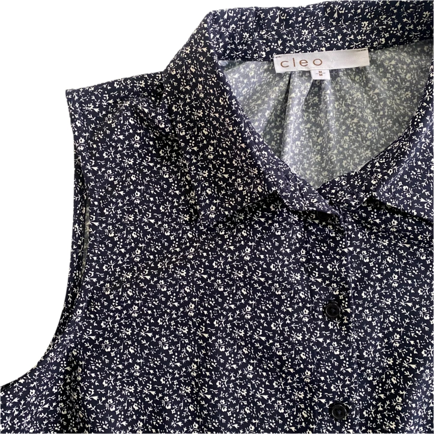 Navy Sleeveless Blouse – Micro Floral Print – Lightweight & Sustainable – Size M (Cleo) close up colar