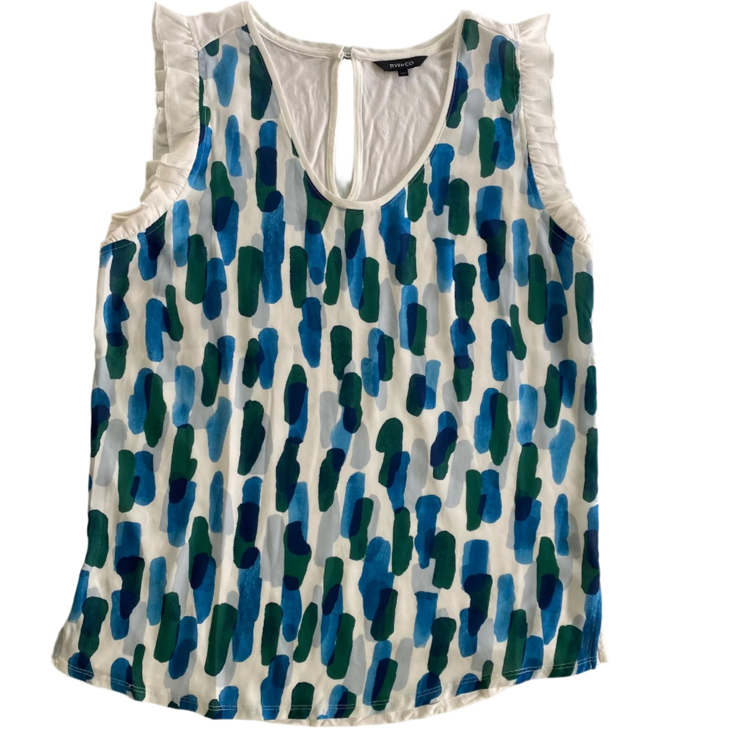 Sleeveless Ruffle Blouse – Watercolor Print – Keyhole Back – Size M (RW&CO.) front