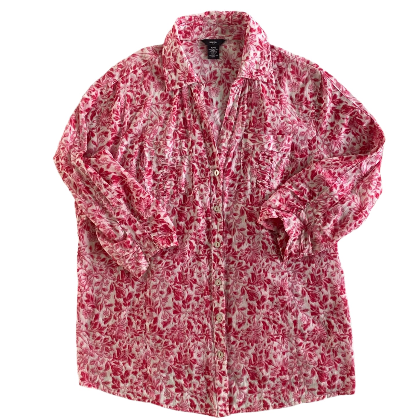 Pink & White Floral Blouse – Button Front – Lightweight Cotton – Size XL (Haggar) front