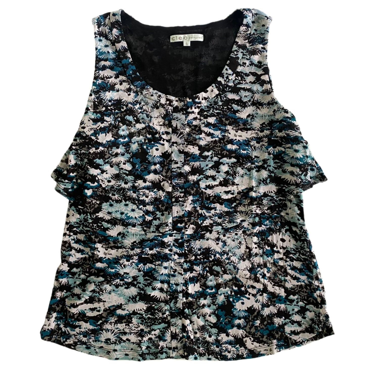 Blue & White Floral Sleeveless Top – Lightweight Nylon – Size XL Petite (Cleo) front