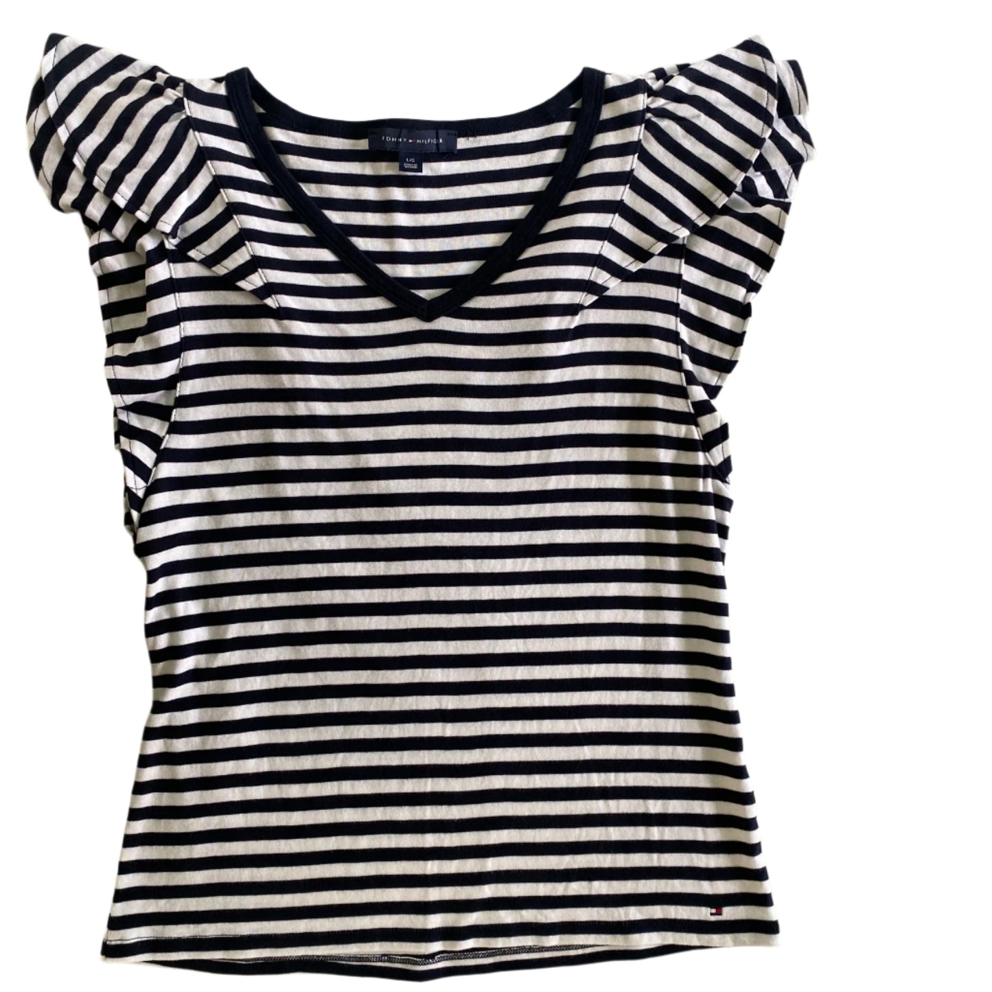 Navy & White Striped Flutter Sleeve Top – 100% Cotton – Size L (Tommy Hilfiger) front flat lay